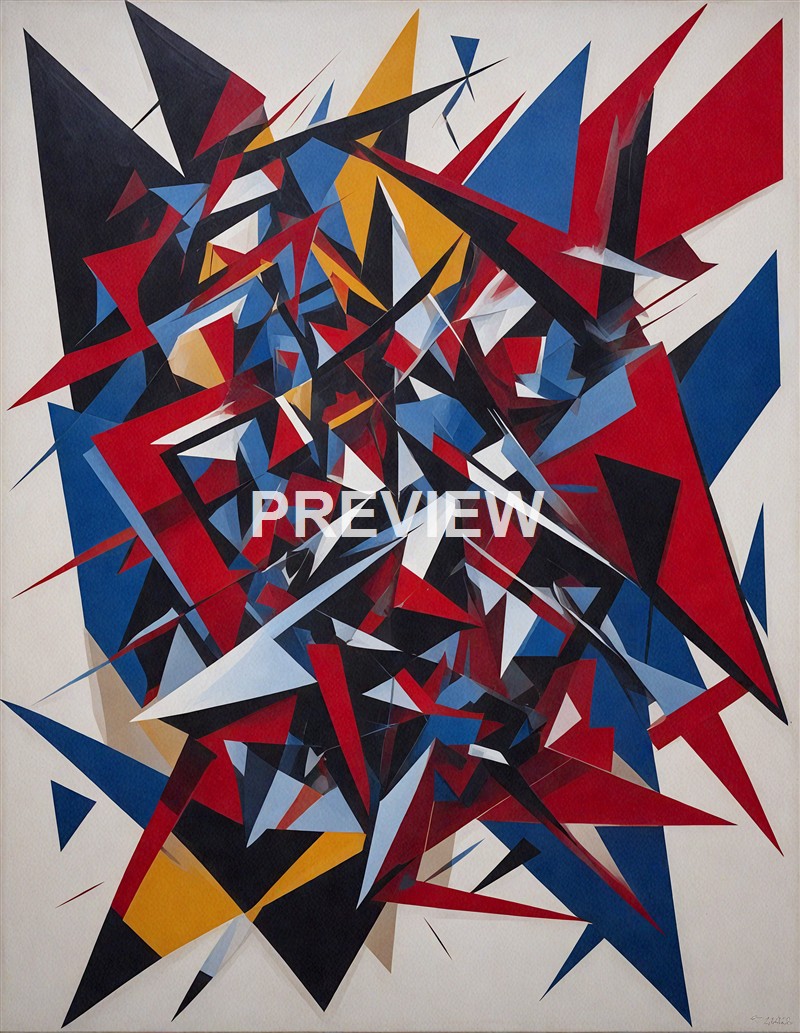 An abstract painting composed of numerous overlapping and intersecting sharp geometric shapes in red, black, blue, white, and yellow, creating a dynamic and chaotic visual effect.